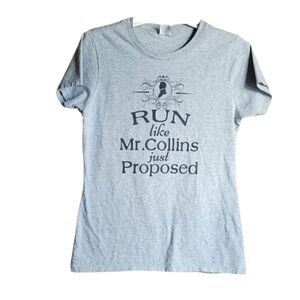 Port & Company Short Sleeve Gray T-Shirt Run Like Mr. Collins Just Proposed Sm